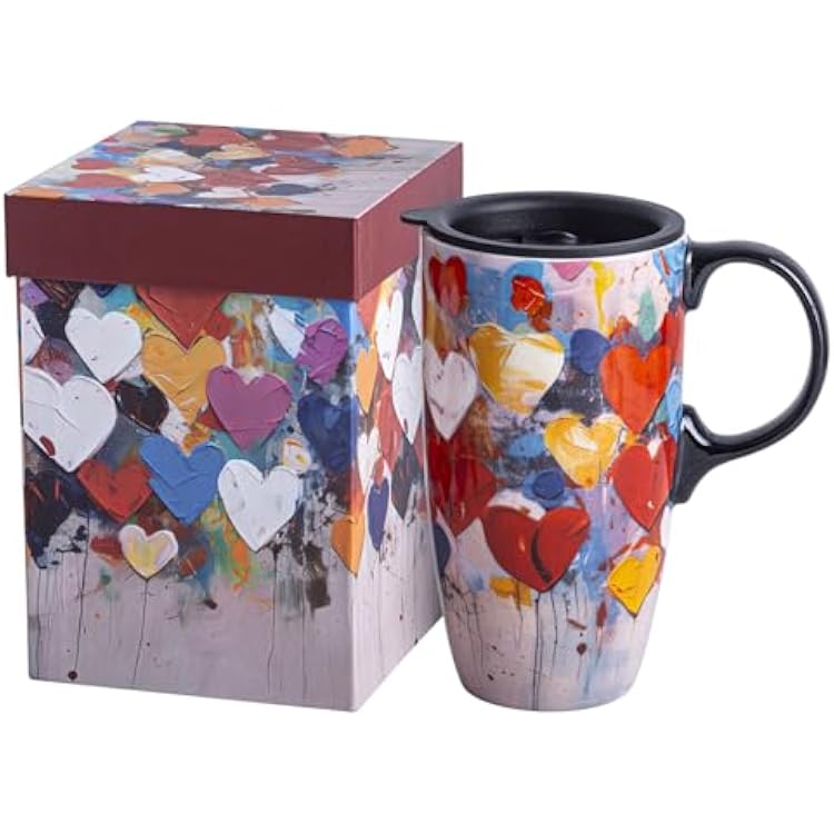 17 oz Ceramic Coffee Mug with Handle and Lid Tall Porcelain Travel Cup with Colorful Heart Pattern, Microwave and Dishwasher Safe, Large Capacity Mug in Color Box for Women