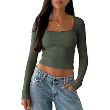 BZB Womens Long Sleeve Crop Tops Fall Y2K Lace Square Neck Slim Fitted Basic Ribbed Tee Blouse Shirts