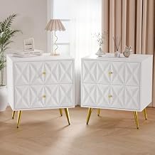 White Night Stand Set of 2, Wide Embossed Nightstand with 2 Drawers, Modern Glossy Storage Bedside Table for Bedroom, End Side Table with Gold Metal Legs and Handles (White and Gold, 2)
