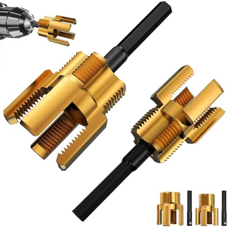 Pvc Pipe Threading Tool, 12 and 34 npt PVC Plastic Pipe Threader for Drill, Dual-function Integrated Internal & External Pipe Threading Tool for Home Making Plastic Pipe Threads, Golden