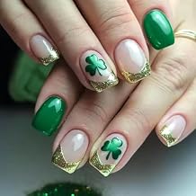 St. Patrick's Day Press on Nails Lucky Shamrock Fake Nails Glitter French Tip Acrylic Glue on Nail Glossy Short Square Stick on Nail for Women DIY Manicure