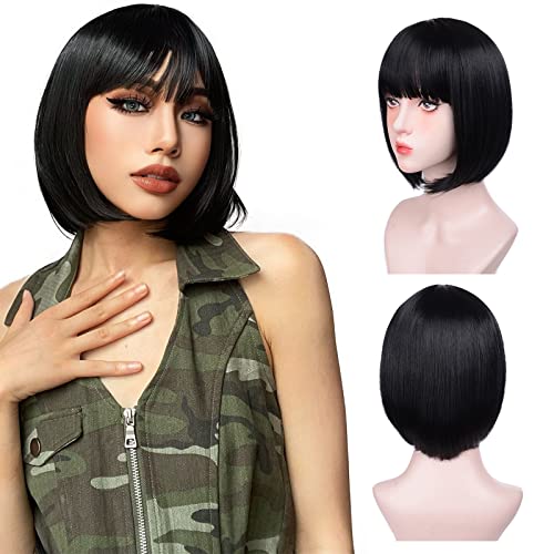 Aida ble Black Bob Wigs With Bangs - 12 Short Black Bob Wigs for Women Super Soft and Easy to Wear Straight Bob Wig, Colorful Synthetic Wig for Daily, Cosplay, Halloween...