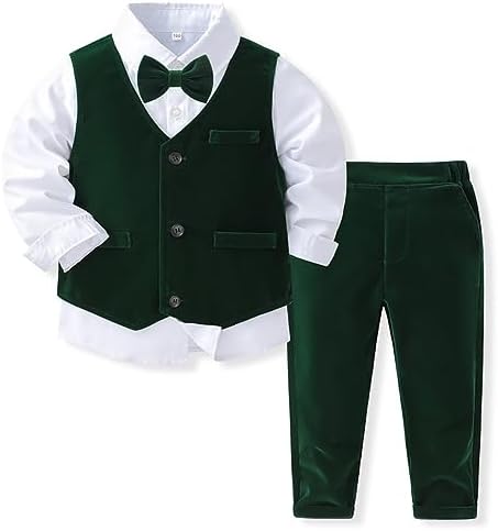 IDOPIP Toddler Kids Baby Boys Formal Suit Gentleman Outfit Long Sleeve Shirt with Bowtie  Vest  Pants Overalls Clothes 2-8T