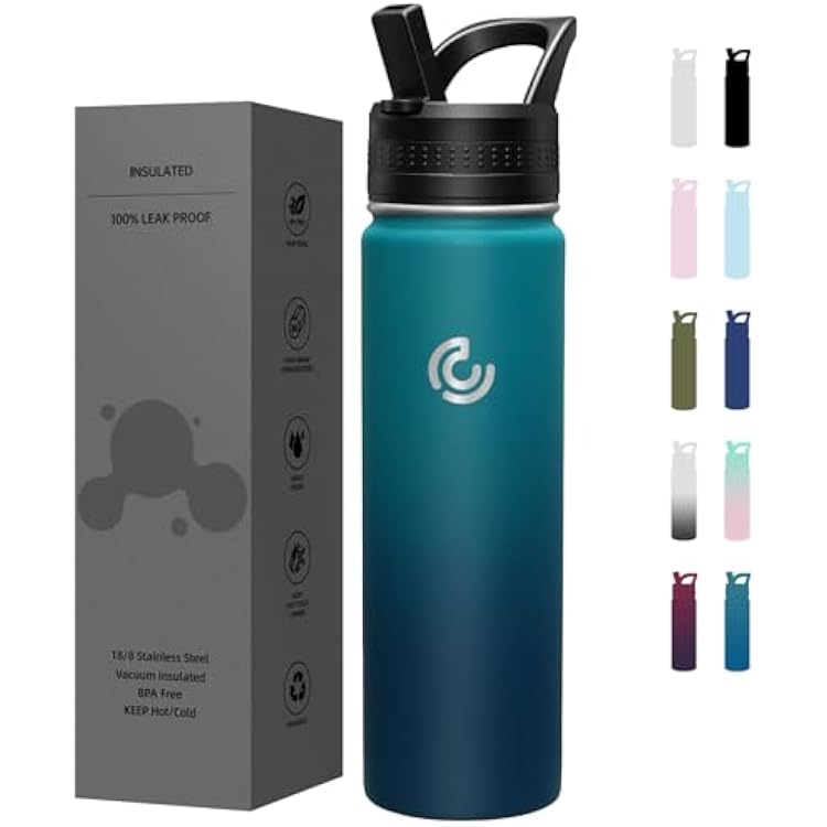 COKTIK 22oz Sports Water Bottle, Stainless Steel Water Bottle for Insulated, Reusable Travel Bottle, With Straw, With Handle Grip for Easy Carrying, Suitable for Cycling, Outdoor VacationsDark Night
