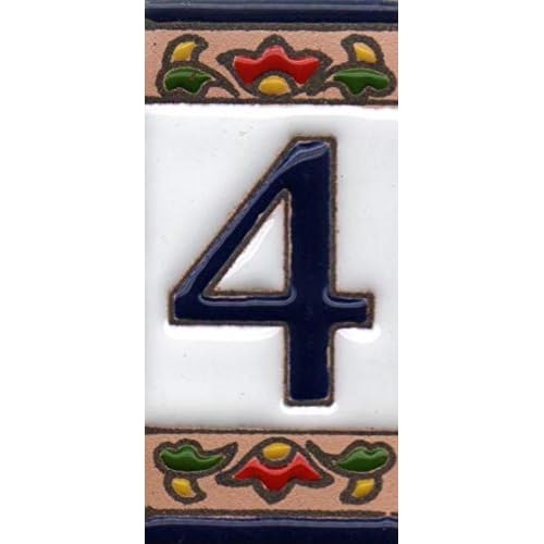 House Numbers, Ceramic Numbers & Letters Tiles, Mexican Chilli Design, Tile Size: 7.5cm x 3.5cm, 3 to 10 Tile Frames Number 4