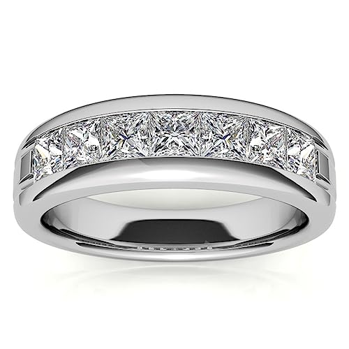 Moissanite Eternity Wedding Band Ring for Men, 1-2cttw D Color Round CutPrincess Cut Lab Created Moissanite Diamond Channel Set, 18K Gold Plated Silver Anniversary Wedding Band Ring