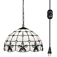 Kiven Glass Pendant Light with 15 Ft Plug in Cord, Metal Hanging Chain and On/Off Dimmer Switch, Perfect Vintage Swag Pendant Lights for Home Decor(Blue)
