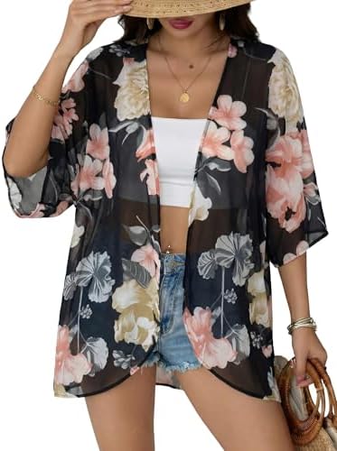 Chunoy Women Floral Beach Wear Cover Up Chiffon Kimono Cardigan Open Front Blouse Top