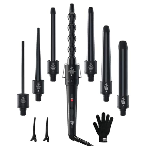 7 in 1 Curling Wand Set: Ohuhu Curling Iron Wand 7Pcs 0.35 to 1.25 Inch Interchangeable Ceramic Barrel Heat Protective Glove 2 Clips Dual Voltage Hair Curler for Girls Women Mothers Day Gift Black