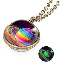 Tebapi Unisex Luminous Starry Sky Fantasy Galaxy Pendant Necklace Two Sides Art Picture Cabochon Astronomy Solar System Star Beautiful Necklace Lover Gift