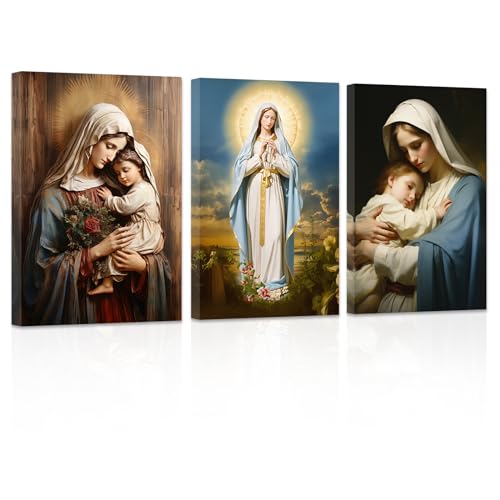 ZXHYWYM Virgin Mary Canvas Wall Art 3 Pieces Jesus Mother Painting Prints Catholic Spiritual Pictures Wall Decor for Office Church Prayer Room Framed2, 12.00 x 16.00 x 3PCS