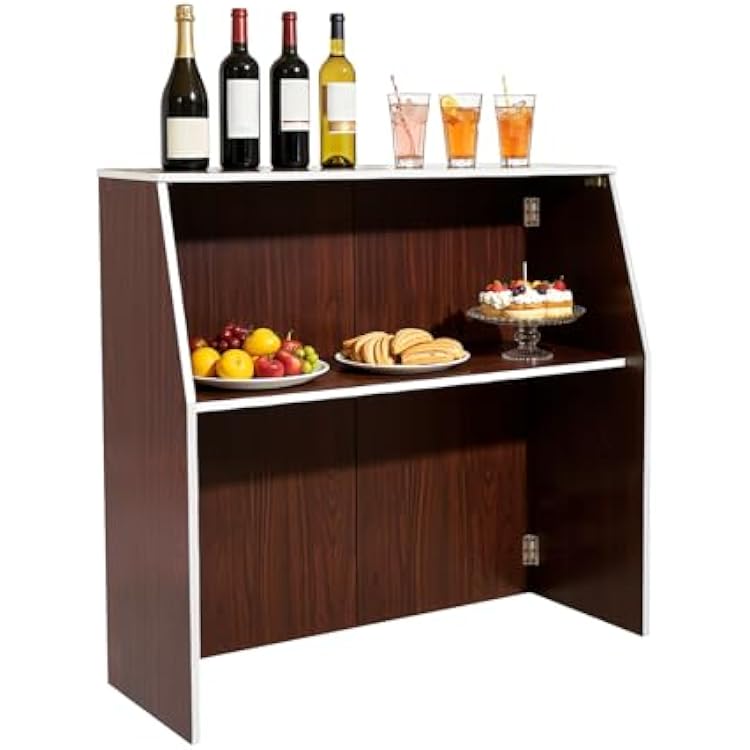 4 Folding Portable Event Bar with Top and Middle Shelves, Foldable Bartender Bar Cabinet Station, Mobile Laminate Foldable Bar for Parties and Events