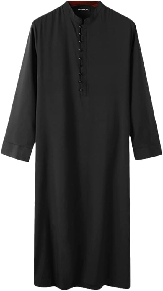 Muslim Men Jubba Thobe Long Sleeve Solid Color Breathable Robes Stand Collar Islamic Arabic Kaftan Men Abaya