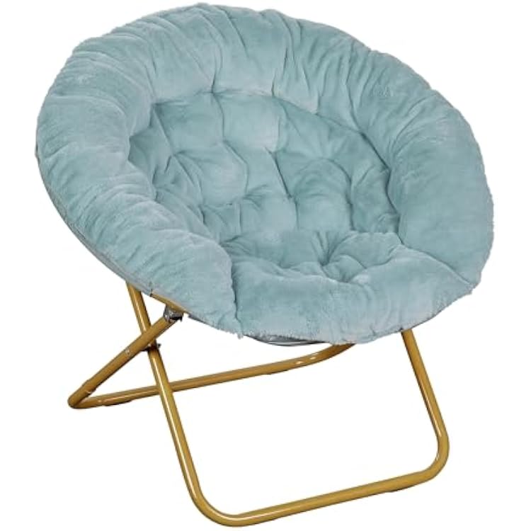 Flash Furniture Gwen Oversize Folding Saucer Chair - Dusty Aqua Faux Fur Moon Chair - Soft Gold Metal Frame - 38 Portable Folding Chair - For Dorm and Bedroom