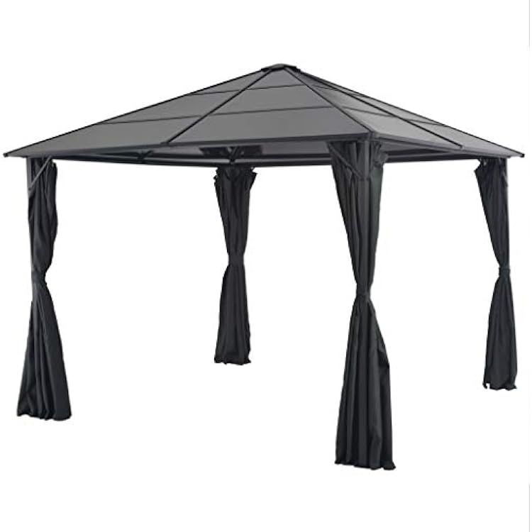 9.8x9.8 Aluminum Steel Gazebo with 4 Curtains Black Outdoor Canopy Tent Hardtop UV-Resistant PC Roof for Backyard BBQs Patio Parties