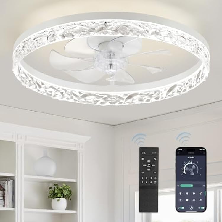 LEDIARY 20 Modern Ceiling Fans with Lights and Remote, Dimmable Low Profile Ceiling Fan, Flush Mount Ceiling Fan, Stepless Color Temperature Change and 6 Speeds - White