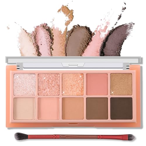 Erinde 10 Colors Eyeshadow Palette Makeup - Matte Shimmer Glitter Eye Shadow Korean Makeup, Ultra-Blendable, High Pigmented, Natural-Looking, Peach Brown Eyeshadow Pallet with Brush, Peach Color