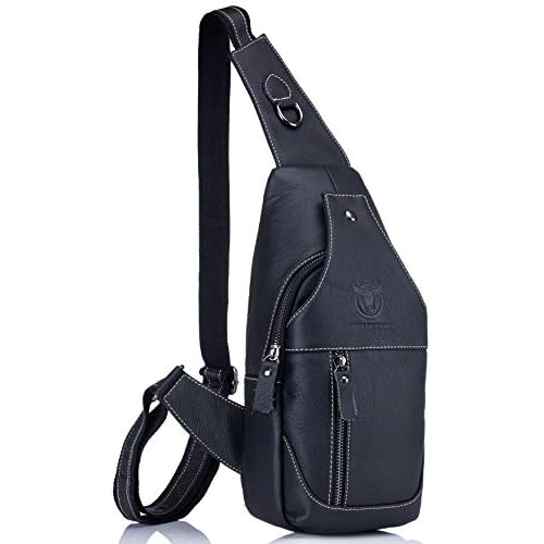 BULLCAPTAIN Genuine Leather Men Sling Crossbody Bag Multi-pocket Chest Bag Casual Travel Hiking Sling Backpack with Earphone Hole Black