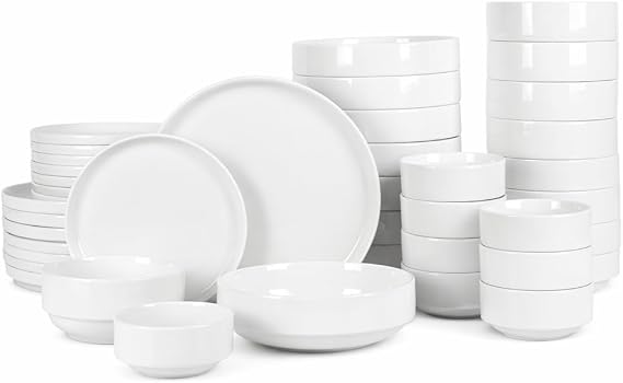 Gibson Home Rothernberg 40-Piece White Porcelain Dinnerware Set Service for 8, Stackable Plates and Bowls, Durable Kitchen Dinner Set