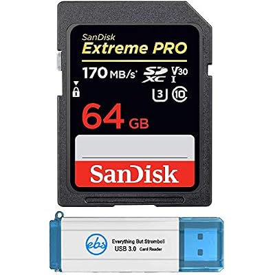 SanDisk 64GB SDXC SD Extreme Pro Memory Card Bundle Works with Canon EOS 5D Mark IV, 6D Mark II, 7D Mark II Digital DSLR Camera 4K SDSDXXY-064G-GN4IN Plus 1 Everything But Stromboli TM 3.0 Reader