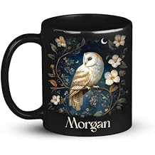 Personalized Barn Owl Design Mug, Custom Name Animal Black Mug 11oz 15oz, Customized Night Sky Ceramic Mug, Owl On Flower Vines Coffee Cup, Unique Wildlife Mug, Gift For Friend