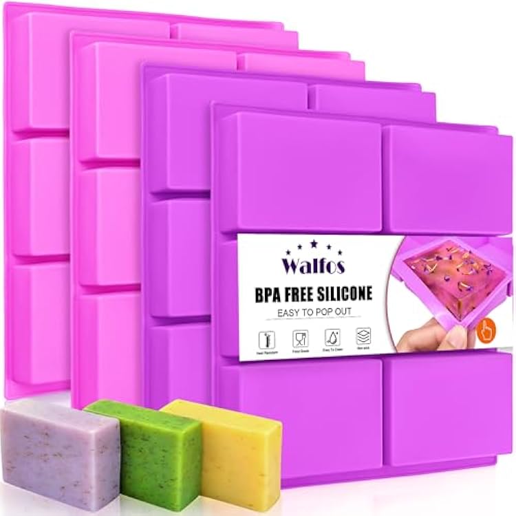 Walfos Silicone Soap Molds, 4 Pieces Rectangle Soap Molds 6 Cavities for Homemade Craft Soap, Cake, Rice Crispy, Chocolate & Ice Cube TrayPurple & Pink