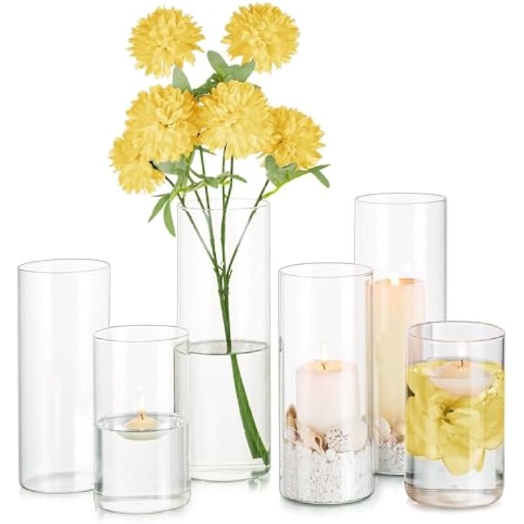 Glasseam Clear Glass Cylinder Vase, 6pcs Glass Vases for Centerpieces, Modern Floating Candle Vases for Flowers, Hurricane Vase Decor Candle Holders for Pillar Candles Wedding Decorations 468