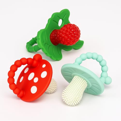 RaZbaby Teether Bundle Chompy 2-Pack & Red RaZberry Pacifier for Babies 3M, BPA-Free, Freezable, Sensory Teething Relief, Hands-Free, Easy to Hold, Soft Silicone Great Baby Gift Set