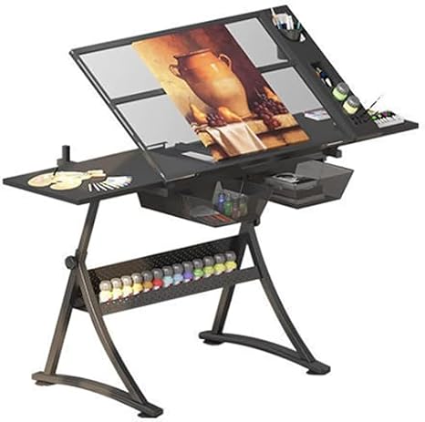 Drafting Tables Drawing Art Table, Height Adjustable Paintings Work Station, with 2 Storage Drawer, Retractable Side Panels, for Reading, Writing Art C(