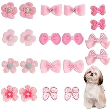 20Pcs Light Pink Small Dog Hair Bows Cute Puppy Dog Bowknot Hair Bow Bulk with Rubber Bands Elastic Lace Rhinestone Pearls Hair Ties Mix Style Handmade Flower Bow Dog Cat (Light Pink, Cute pattern)
