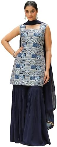 Janasya Indian Womens Georgette Navy Blue Embroidered Festive Wear Kurta Set for Women