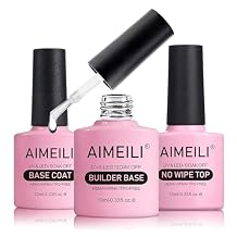 AIMEILI Builder Nail Gel Base Coat No Wipe Top Coat Kit Set 3 Pcs 10ML, Hema Free, Vegan, Cruelty-free Soak Off U V LED Gel Nail Polish