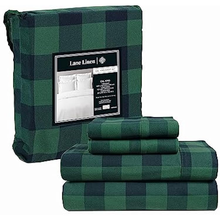 LANE LINEN Cotton Flannel Sheets Set Cal King Size - Brushed for Extra Softness - Cotton Flannel Cal King Size Sheets Set - Warm & Cozy Cotton Sheets with 15 Deep Pocket - Buffalo Checks Green