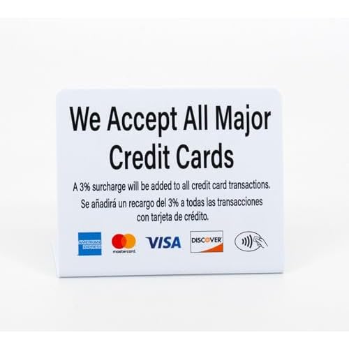 3pk Credit Card Payment Signs, Bilingual 3% Surcharge Notice English and Spanish, Countertop Display with Major Credit Card Logos and Contactless Icon, Business Credit Card Payment Signs
