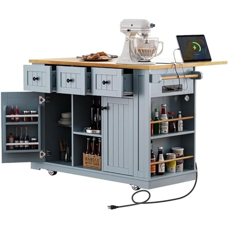Rolling Kitchen Island with Storage, Kitchen Cart on Wheels with Drop Leaf, Mobile Kitchen Storage Cart with Power Outlet, Open Side Racks, 53 Inch Width, Three Drawers Grey Blue