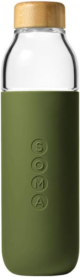 Soma 17 oz. BPA-free Wide Mouth Glass Water Bottle with Silicone Sleeve, Olive