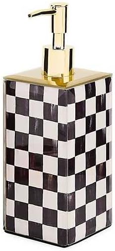 MACKENZIE-CHILDS Glass Soap Pump, Black-and-White Courtly Check | Hand-applied design, liquid soap dispenser for bathroom or kitchen, 3" W x 3" L x 8.5" H