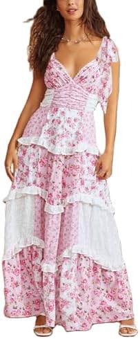 Women Y2k Boho Maxi Dress Floral Lace Sheer Tiered Flowy Cami Long Dress 2025 Summer Smocked Beach Sundress