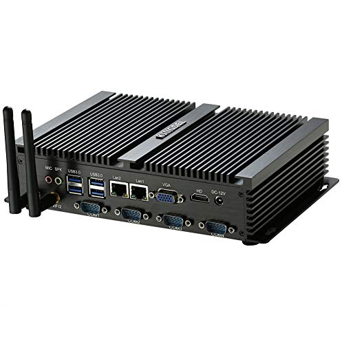 KINGDEL Fanless Industrial Computer, Mini Desktop PC with Celeron Dual Core CPU, 4GB RAM, 128GB SSD, 2xLAN, 4xCOM RS232, HD Port, Full Metal Body