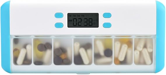 Smart Pill Organizer, Pill Box Alarm Clock, beep, Vibration, LED Light Flashing Remind to take Medicine, Automatic Reminder Every Morning/Afternoon, 7 Alarm Clock, 7 Day Pill Organizer