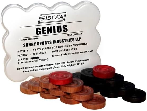 Synco Carrom Coins with Special Box Cover, 24 Carrom Board Coins (11 White 11 Black 2 Red) (Genius for Champion)