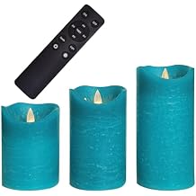 CANDLE CHOICE Real Wax Battery Operated Flameless Candles with Remote Automatic Daily Cycle Timer Realistic Flickering Electric LED Pillars Wedding Party Holiday Decorations 3 Pack Rustic Texture Teal