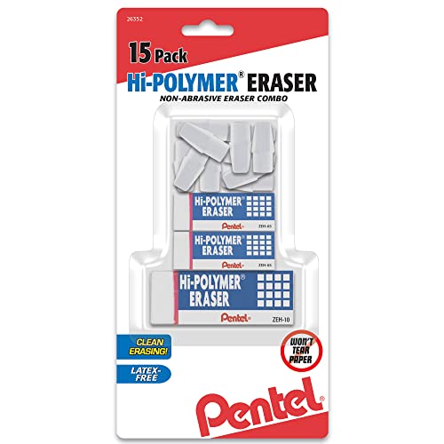 Pentel Hi-Polymer Eraser White Assorted Pack, 15 Pack