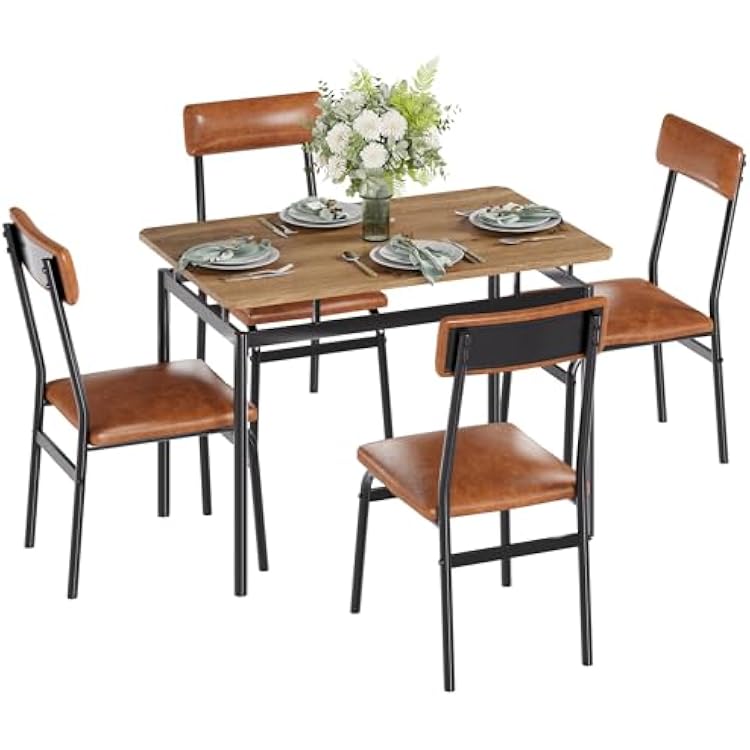 GarveeHome 5 Piece Dining Table Set, Wooden Kitchen Table and Chairs with 4 PU Upholstered Chair, Industrial Metal Frame Dinette Set for Dining Room, Dinner, Party, Apartment, Brown