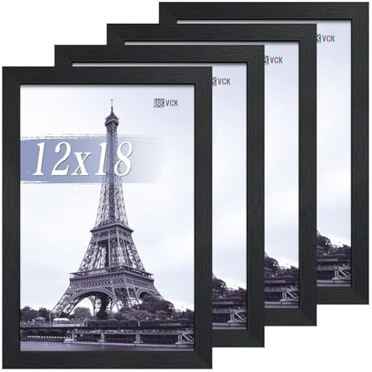 VCK 12x18 Poster Frame Set of 4 - Black, Gallery-Quality Wood Picture Frames, 1.1-Inch Wide Border, Polished Plexiglass, Vertical or Horizontal Wall Display for PhotoArtPrints, Black