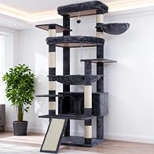 Heybly Tall Cat Tree for Large Cat, 80-inch Multi-Level Cat Tower for Indoor Cats with Large Baseboard, Condo Furniture with 2 Widened Plush Perches,Scratching Board and Big Caves, Smoky Gray HCT038G