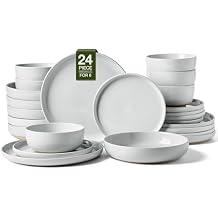 Famiware Milkyway Stoneware Dinnerware Sets with Pasta Bowls, Service for 6 (24 Pieces), Plates and Bowls Sets -Scratch Resistant, Microwave and Dishwasher Safe Dishes Set, Light Gray