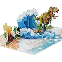 iGifts And Cards 3D Surfing Dinosaur Pop Up Card Dino Mite Volcano Adventure Birthday Congratulations Friendship Day Gift for Brother Son Unisex Adults 6 x 8 with Notecard