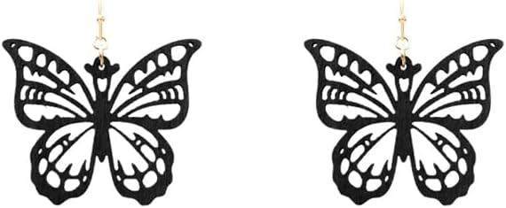 Wood Metal Fish Hook Earring - Geometric Leaf Shape Lightweight, Metallic, For Women, dangling, wooden, Butterfly, wood, circle cutout