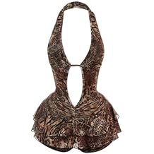 Verdusa Women's Y2K Leopard Print Halter Romper Backless Sleeveless Layered Ruffle One Piece Outfit
